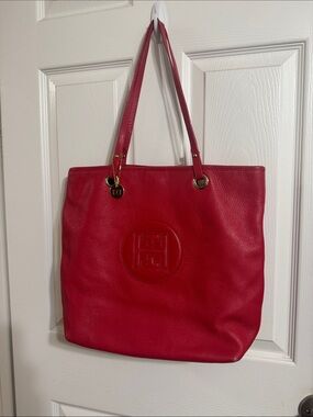 Tommy Hill Red Leather Tote Bag with Logo Charm
